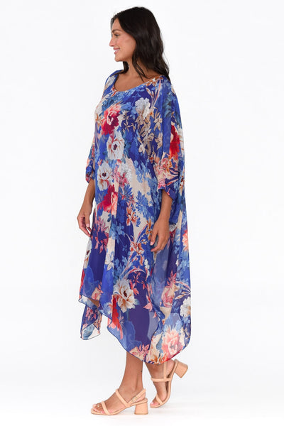 Connie Floral Silk Dress Blue
