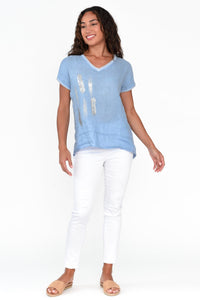 Melody Foil Print Linen Top Blue