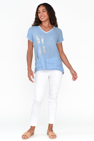 Melody Foil Print Linen Top Blue
