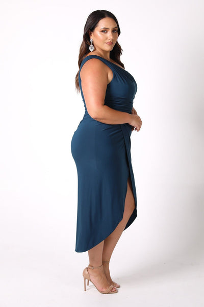 Nisha One Shoulder Midi Dress Emerald