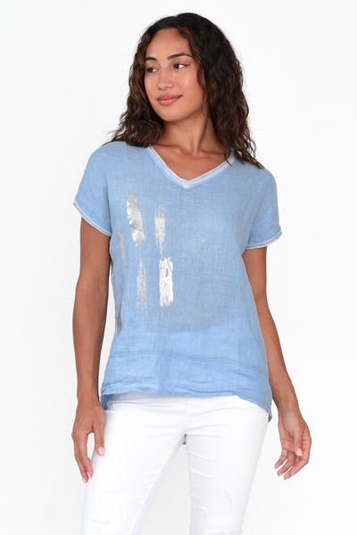 Melody Foil Print Linen Top Blue