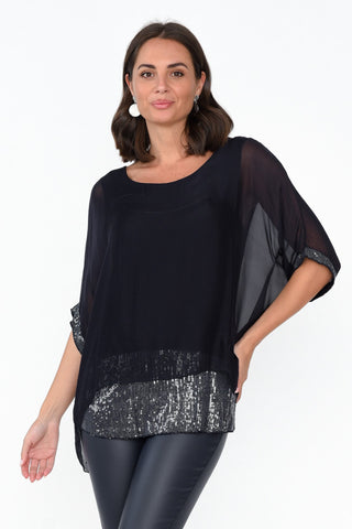 Emma Navy Silk Sequins Top