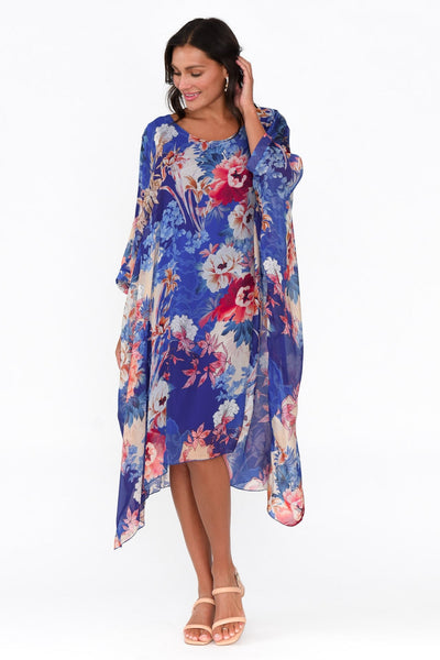 Connie Floral Silk Dress Blue