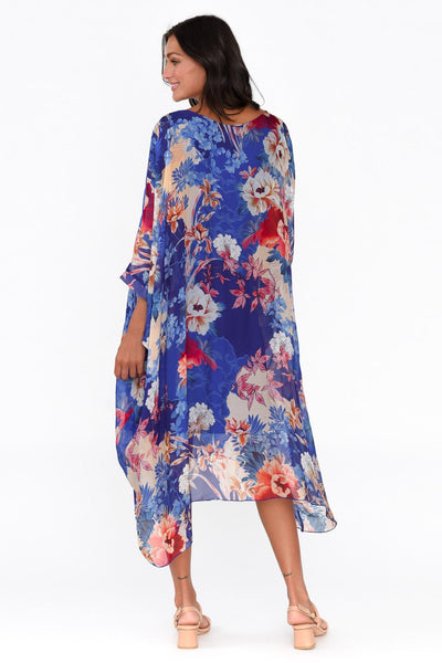 Connie Floral Silk Dress Blue