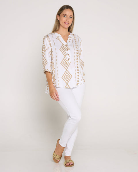 Lulu Gold Embroidery Top White