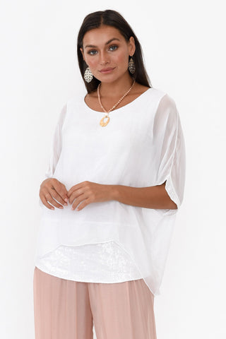 Emma White Silk Sequins Top