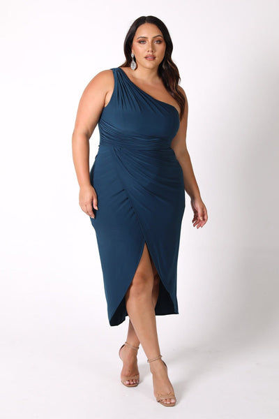 Nisha One Shoulder Midi Dress Emerald