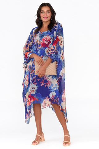 Connie Floral Silk Dress Blue