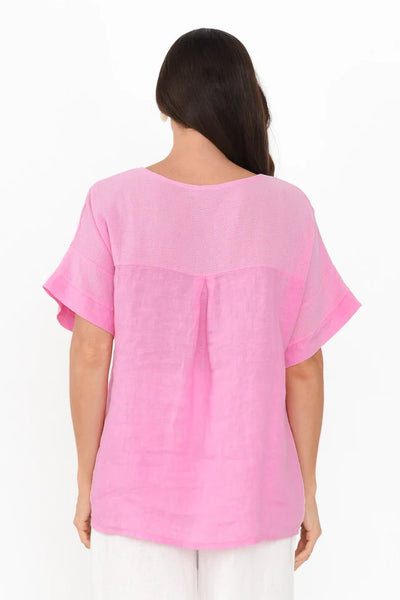 Phibi Mesh Detail Linen Top Pink