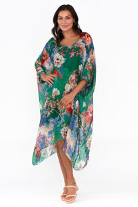 Connie Floral Kaftan Silk Dress Green
