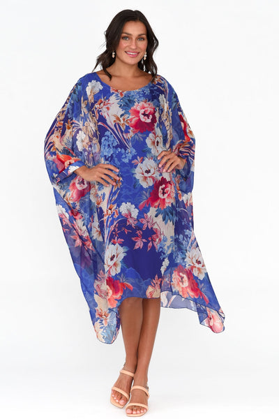 Connie Floral Silk Dress Blue