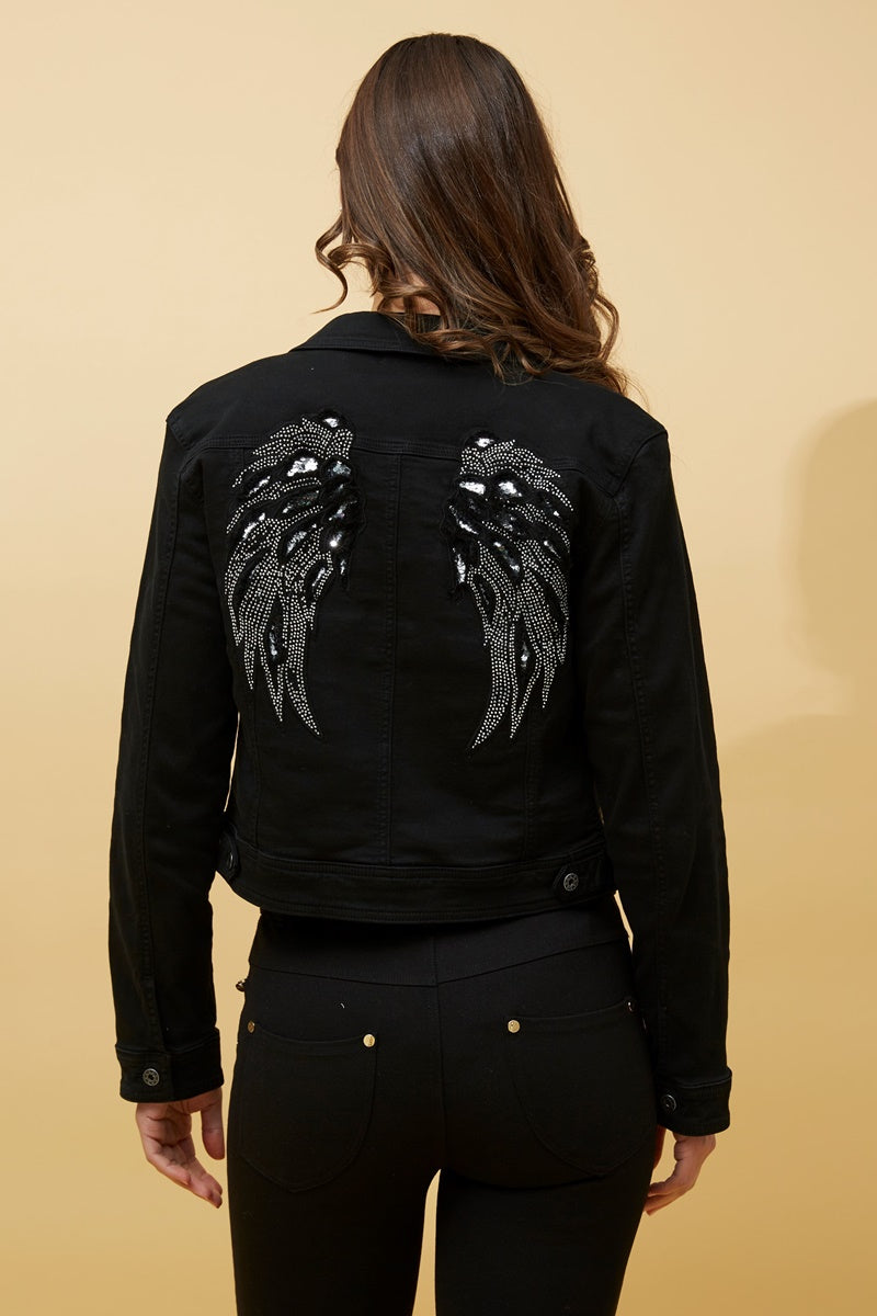 Sequin Wing Detail Denim Jacket Black