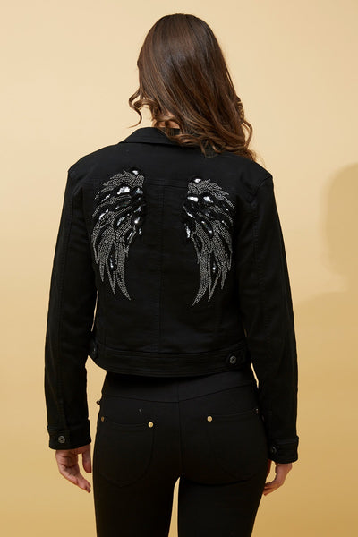 Sequin Wing Detail Denim Jacket Black