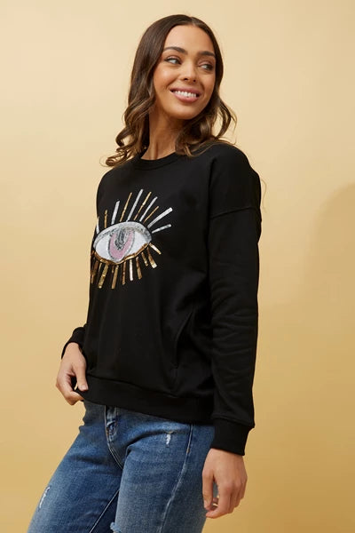 Evil Eye Sequin Sweatshirt Black