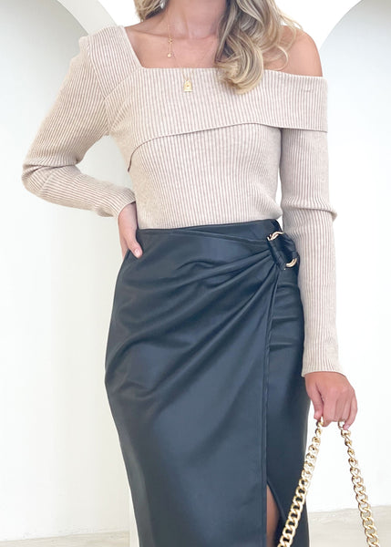 Tammi Faux Leather Skirt with Side Buckle Black