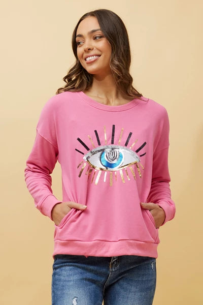 Evil Eye Sequin Sweatshirt Pink