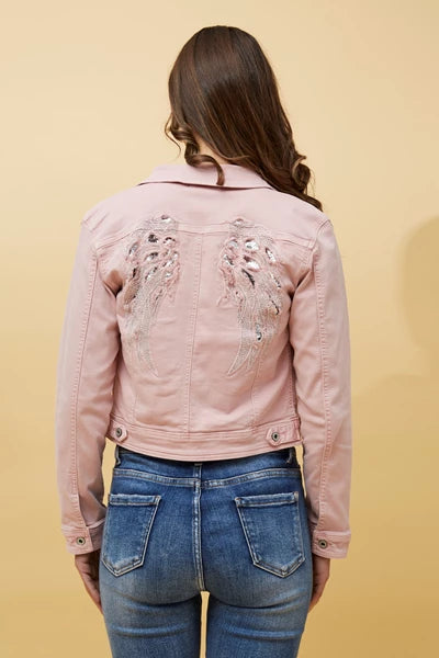 Sequin Wing Detail Denim Jacket Pink