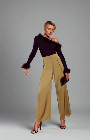 Aurora Wide Leg Satin Pants Olive