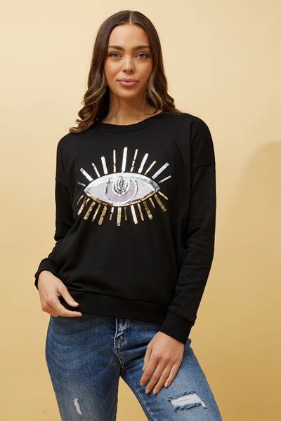 Evil Eye Sequin Sweatshirt Black