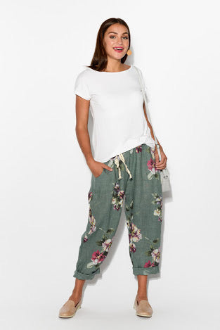 Khaki Floral Linen Pants