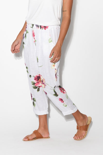 WHITE FLORAL LINEN PANTS