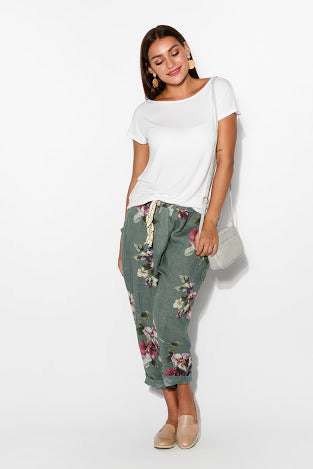 Khaki Floral Linen Pants