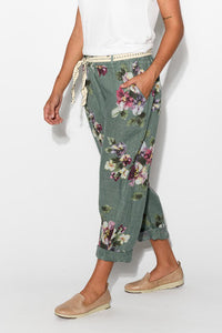 Khaki Floral Linen Pants